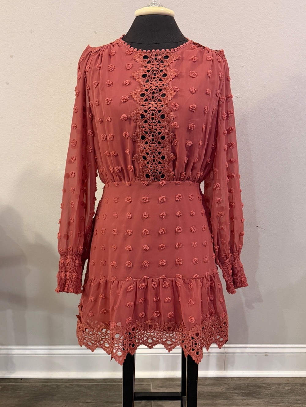 Lulus Dusty Rose Swiss Dot Crochet Lace Long Sleeve Mini Dress S